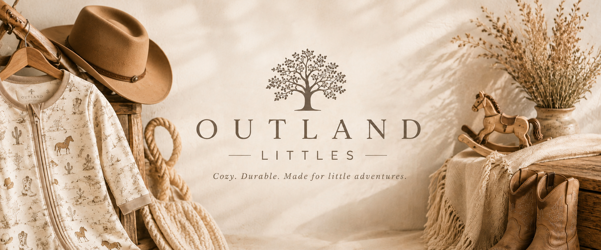 Outland Littles bamboo romper, cowboy hat, boots and rocking horse in warm sunlit styling