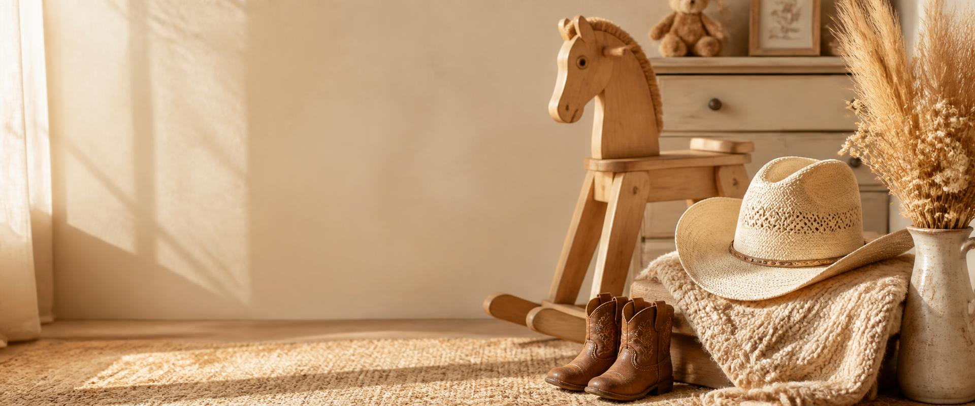 Warm sunlit nursery with cowboy hat, tiny boots, rocking horse and knit blanket
